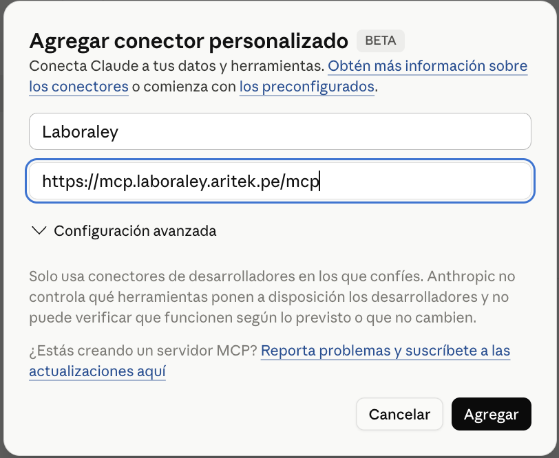 Modal 'Agregar conector personalizado' de Claude con los campos Nombre y URL del servidor MCP remoto
