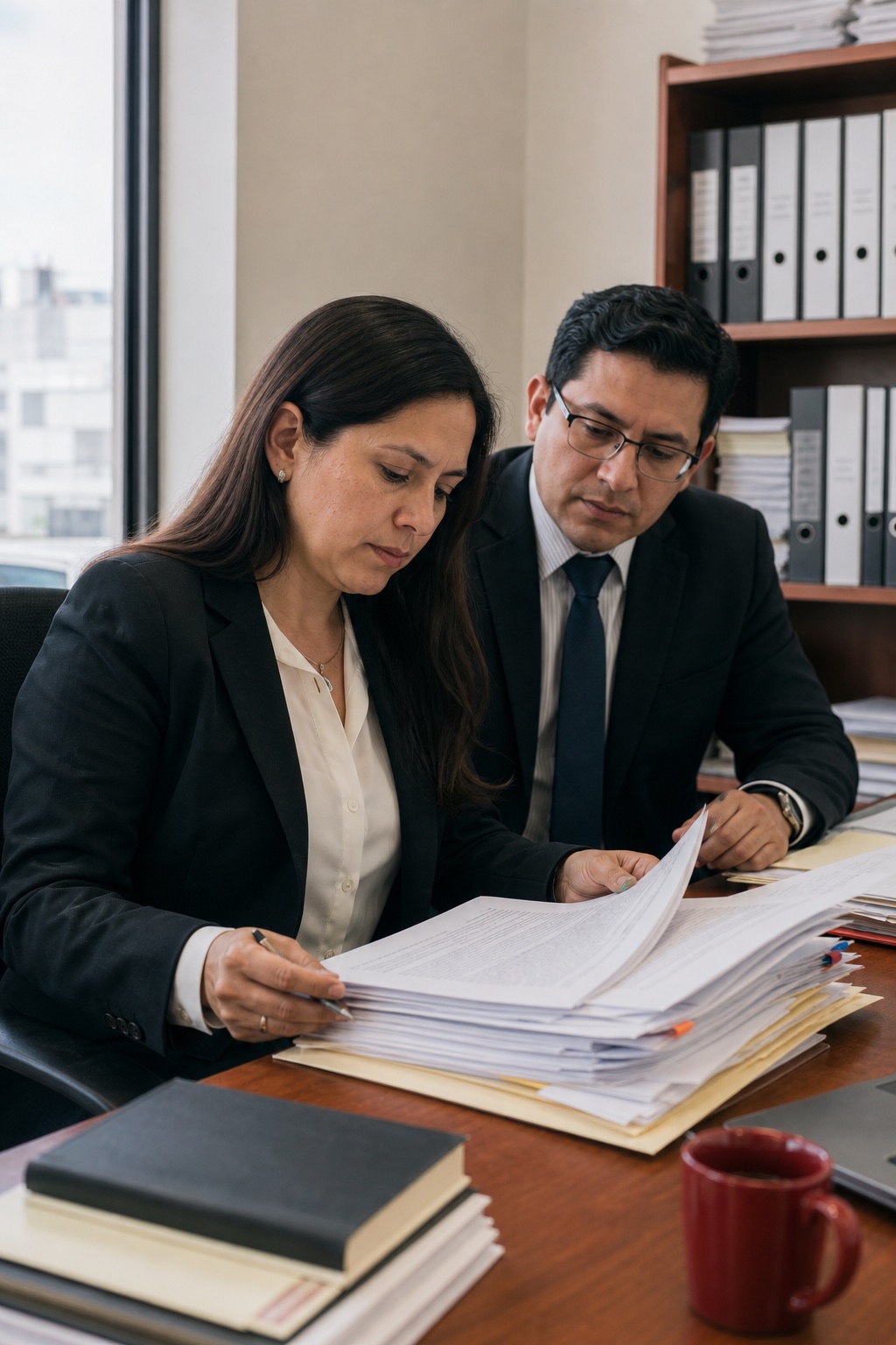 Dos profesionales del sector público revisan un expediente administrativo en una oficina.