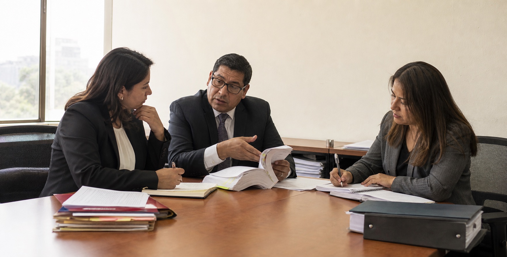 Tres profesionales deliberan alrededor de un expediente en una sesión legal colegiada.
